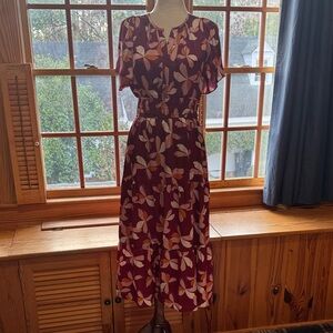 New with Tags Mittoshop Floral silky Midi Dress with flutter sleeves